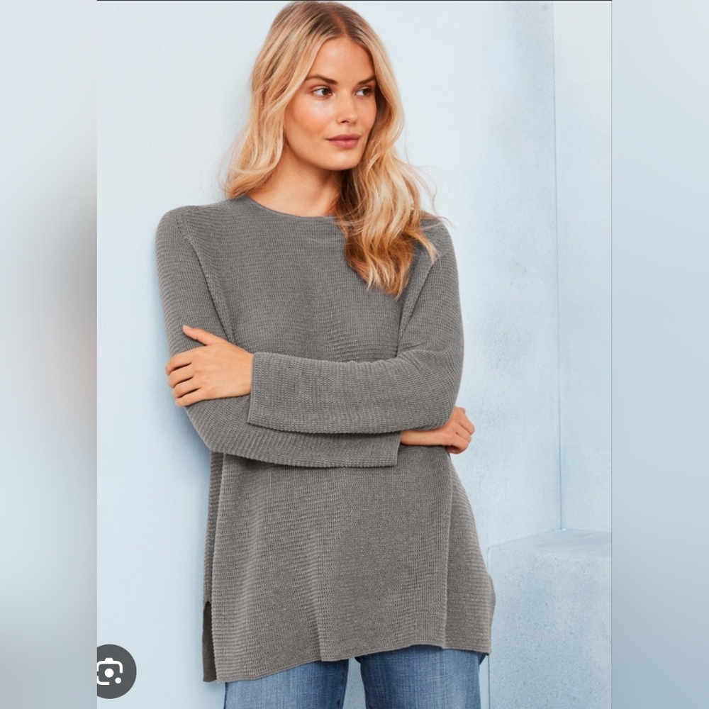 Eileen Fisher 100% Linen‎ Open Knit Sweater Top Large Taupe Neutral 3/4 Sleeve